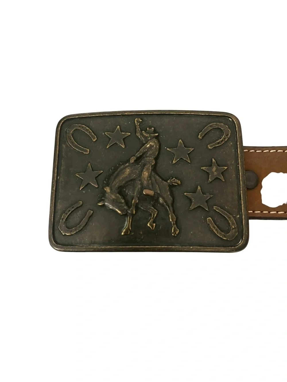 3D Genuine Leather Belt Youth 20 Laser Cut Cross Rhinestones Bronc Rider Buckle